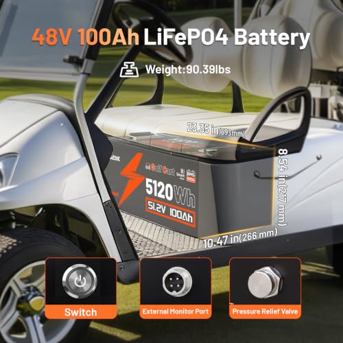 Image of HumsiENK 2Pack 48V 100Ah Golf Cart Battery, Metal Casing LiFePO4 Battery with 200A BMS (410A Peak), Bluetooth & LCD Monitor, 5.12kWh Deep Cycle Lithium Replacement for Club Car, EZGO, Yamaha
