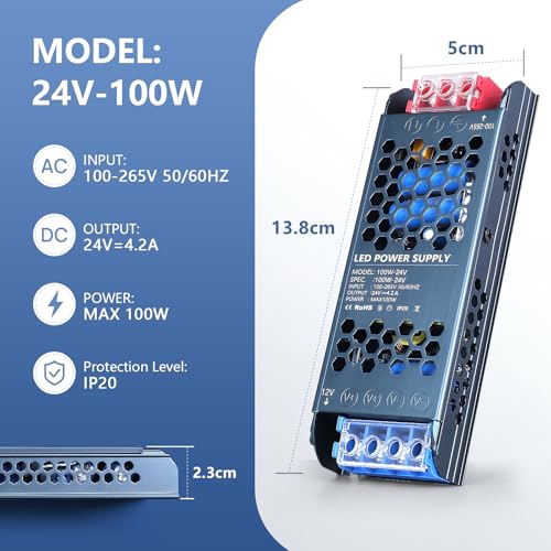 24v 100w led power supply ultra slim transformer 100-265v ac to dc 42a converter quiet low volt driver constant voltage adapter for strip lights lamp
