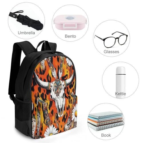 Womens Fashion Backpack, Cow Skull Leopard Print Daisy Western Floral Comfortable Versatile Commute Backpack with Side Pockets, Reusable Daypack for Travel4