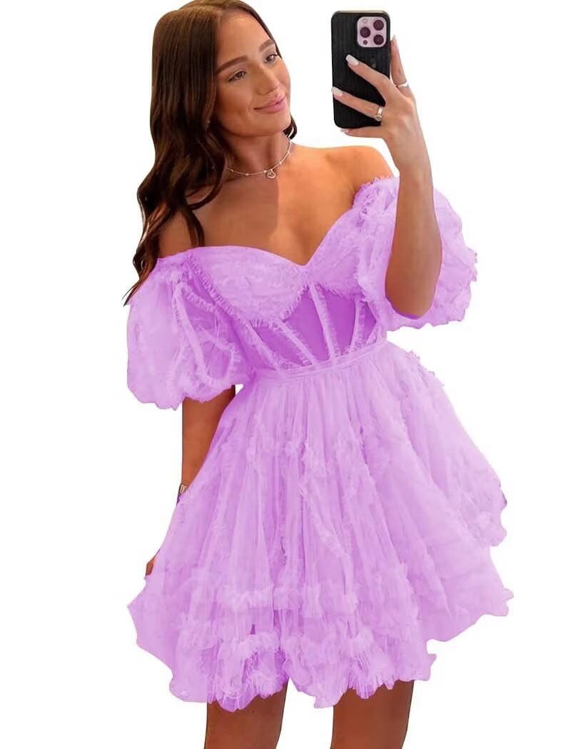 Puffy Tulle Homecoming Dress 2024 Off Shoulder Ruffles Tulle A-Line Short Prom Dress for Teens Mini Party Dress