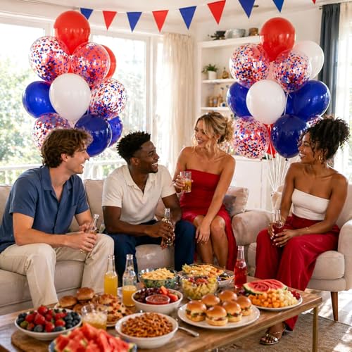 Image of 60pcs Red White and Blue Balloons 12inch, Navy Blue Confetti 4th of July Balloons for Fourth of July Graduation Birthday Party Decorations