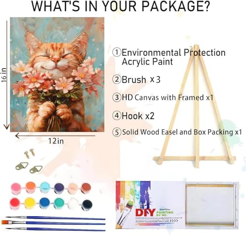 Image of Cat Paint by Numbers Kit for Adults with Framed Canvas&Wooden Easel, DIY Acrylic Paint by Numbers Kits on Canvas, Cat with Flower Drawing Paintwork Arts and Crafts for Home Wall Decor 12x16inch