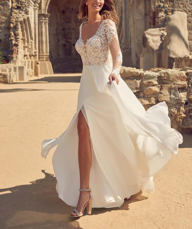 Abito Da Sposa Bohémien In Pizzo Con Maniche A Aletta – Clothfun – Modello A-Line Per Matrimonio In Spiaggia – Colore Avorio, Taglie Su Misura