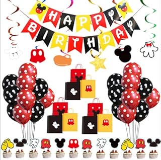 Paquete de 44 suministros para fiesta de cumpleaños de Mickey Mouse, incluye banner de cumpleaños, decoración de tartas, d...