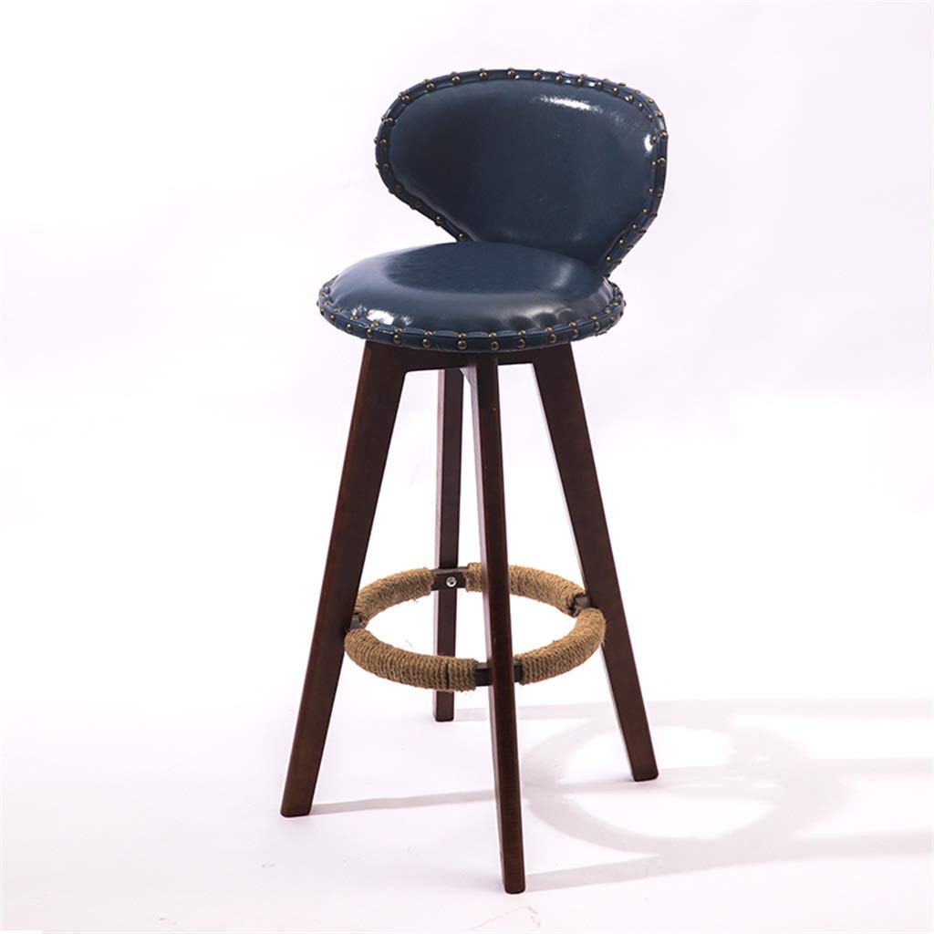 Tabouret de bar pour cuisine à domicile avec assise en cuir bleu et piètement bois 73cm
