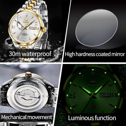 Image of OLEVS Automatic Watches for Men Self Winding Mechanical Wristwatch Luxury Business Dress Stainless Steel Luminous Waterproof Calendar Mens Watch