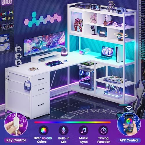 SEDETA L Shaped Computer Desk, 58'' Office Desk with LED Light and Bookshelf, L Shaped Corner Desk with Storage Shelves for Home Office, Gaming Desk, L Desk, Black - Thumbnail 2