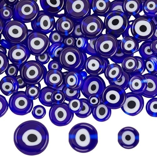 PONABEADIY 1 Box 3 Styles 6MM 8MM 10MM Dark Blue Evil Eye Lampwork Glass Beads with Holes Flat Round Assorted Size Eyes Turkish Spacer Loose Bead for Jewelry Making Bracelet Necklace DIY Craft Supply
