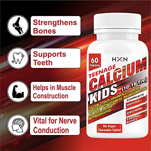 Image of HXN Calcium For Kids With Vitamin D3, Magnesium, Zinc, Vitamin B12, Multivitamin Supplements for Teenager Kids Strong Bones Health | Teeth | Growth | Sugar Free -60 Chewable Tablets (10-16 years)