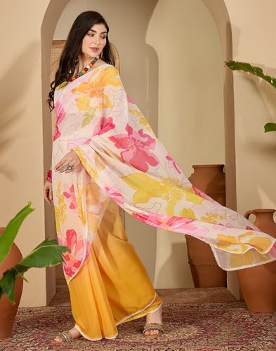 Image of SIRIL Women's Georgette Floral Printed Saree with Unstitched Blouse Piece