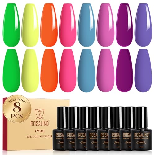 ROSALIND Esmaltes Semipermanentes Neón, 8 Color Verde Giallo Arancione Rosa Blu Viola Neon Colores Semipermanentes Uñas, UV LED Pintauñas Semipermanentes Manicure Regalo Primavera y Verano