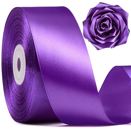 Image of Mauproy 1-1 /2 Inch Wide Purple Satin Ribbon, 50 Yards Solid Polyester Fabric Ribbon for Roses Making, Gift Wrapping, Flower Bouquets, Wedding Decorations, Handmade Crafts