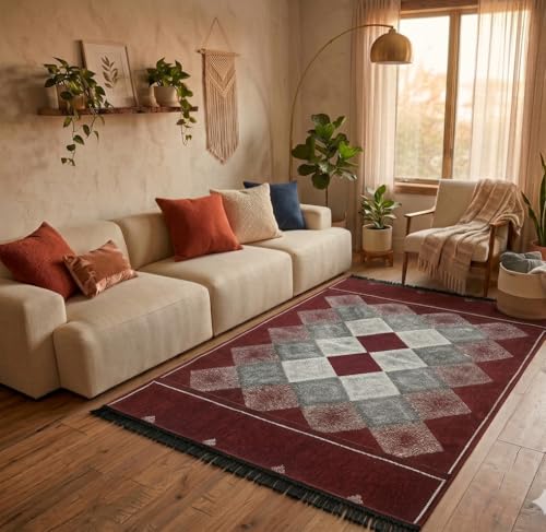 Image of Modern Geometric Chenille Area Rug (4' x 6') - Soft Maroon Patterned Carpet for Living Room, Bedroom & Office | Durable & Easy-Clean Floor Decor