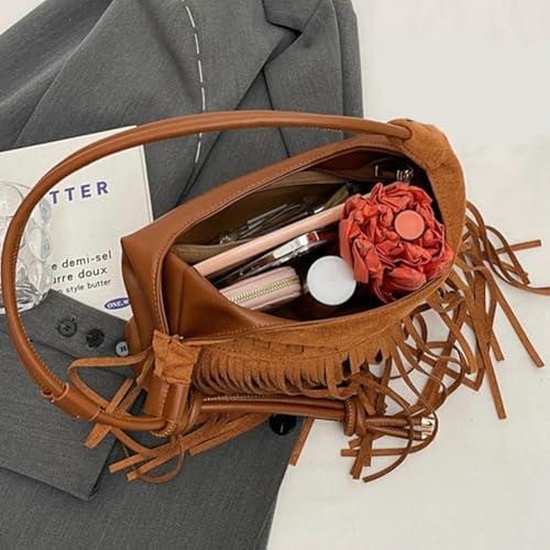 Suede Fringe Crossbody Bag for Women Ladies Retro Stylish Small Tote Leather Shoulder Bag Casual Purse Handbag4