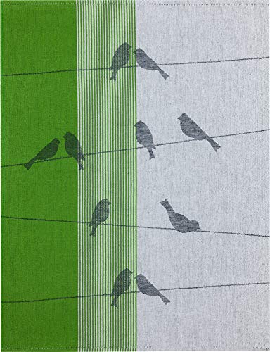 Kracht seit 1810 Half-Linen Jacquard Kitchen Towel, Set of 2, Birds, 27 x 20 Inches, Soft, Absorbent, Anti-Static and Stain-Resistant 50 50 Linen and Cotton Blend, Green and Grey