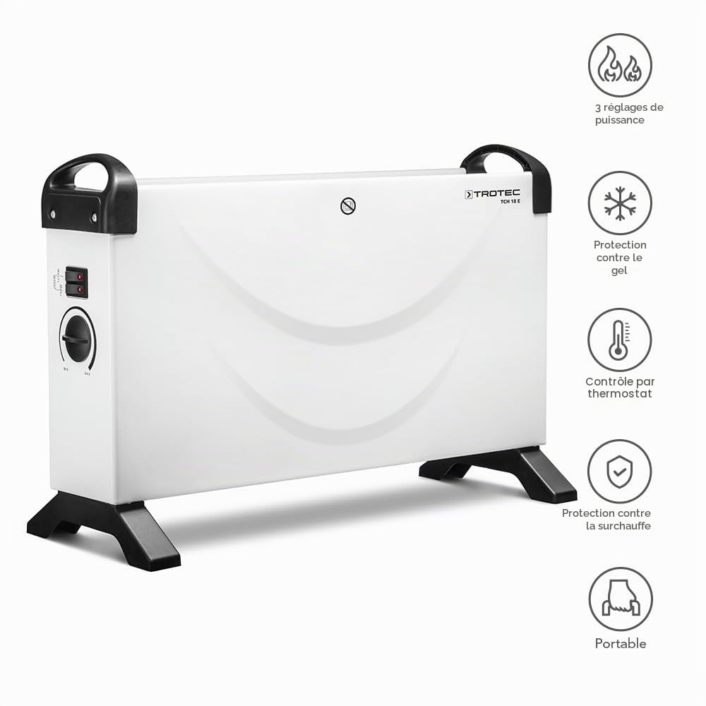TROTEC Convecteur électrique TCH 18 E – Radiateur 2000 W, 3 niveaux (750/1250/2000 W), thermostat réglable, fonction anti-gel, silencieux, chauffage d’appoint portable, chauffage electrique