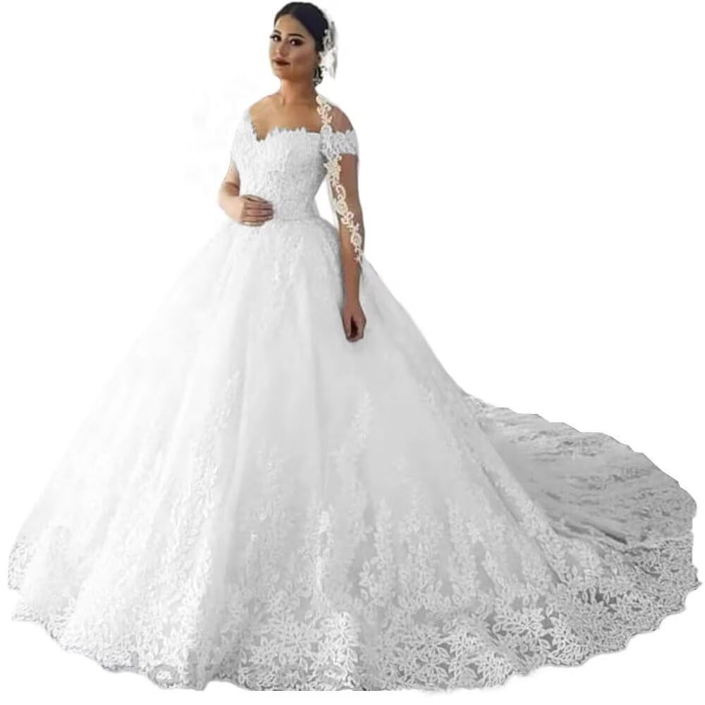 XYAYE Off The Shoulder Princess Wedding Dresses for Bride Puffy Tulle Weddindg Gowns Lace Applique Bridal Gown