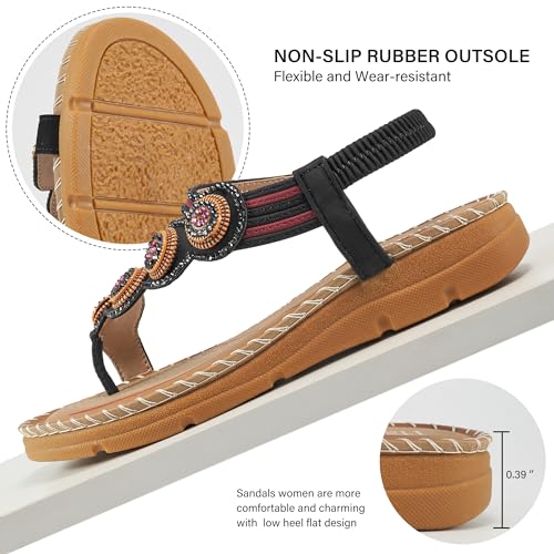 HARENCE Flat Sandals for Women Dressy: Comfortable Summer Flats Shoes Elastic Ankle Strap Bohemian Beaded Beach Sandal4
