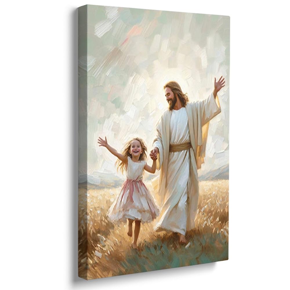 Reateforin A Day for Dancing Christmas Wall Art Decor Christian Painting Jesus with Girl Wall Art Framed Canvas Christian LDS Decor Bible Art Jesus Dancing With Little Girl Picture for Bedroom 20"x28" — image 1