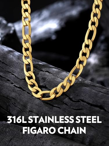 Bandmax Figaro Chain Necklaces for Men Women, Stainless Steel/Gold/Black 4MM/6MM/9MM Flat Link Chains Gift for Son Grandson Husband Father3