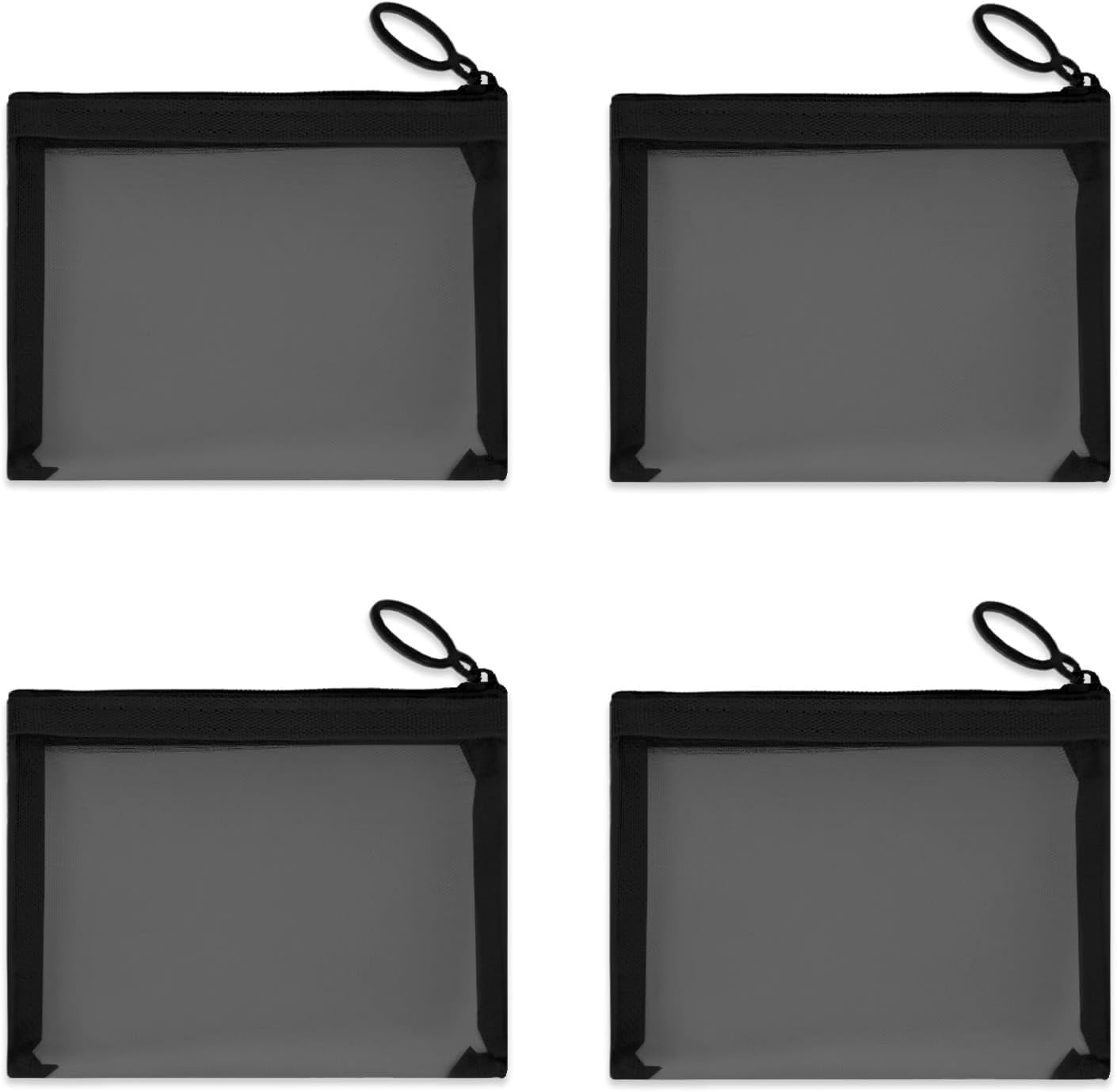 Mini Mesh Pouches 4 Pack, Small See-Through Nylon Zipper Bags for Makeup, Cosmetics, Travel, Diaper, Purse Organizer, Home Storage and Insert Bag, Lightweight and Cute Storage Pouches (Black)