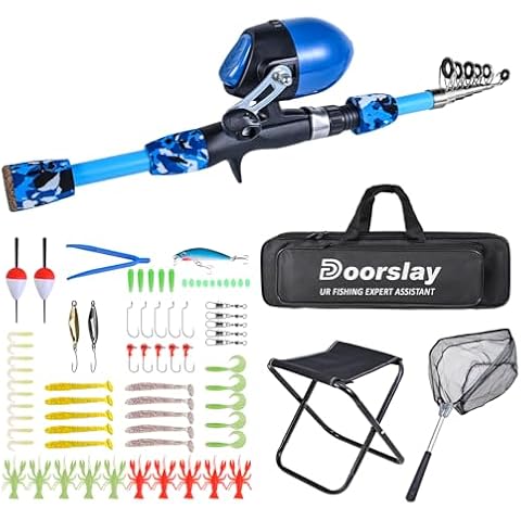 doorslay Kids Fishing Rod and Reel Combo with Collapsible Fishing Stool Landing Net Telescopic Fishing Pole Tackle Box Accessories for Boys and Girls Cover