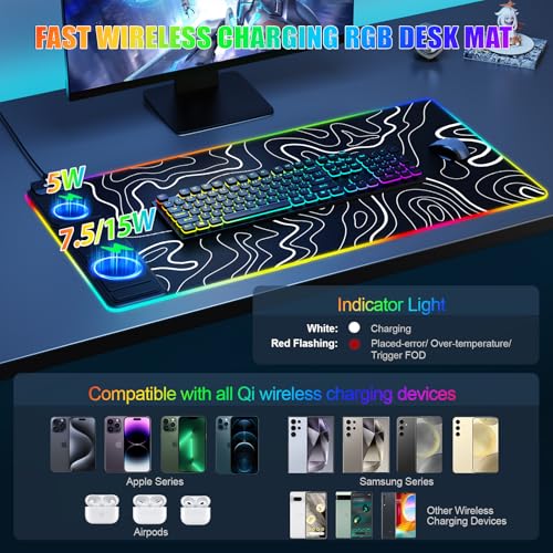 Image of Mouse Pad with Phone Holder, Wireless Charging Desk Mat, RGB Gaming Mousepad Home Office Large Desk Pad with Ultra-Smooth Surface, Non-Slip Base, Waterproof Keyboard Pad,Topographic Black