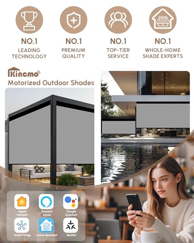 Image of Kincmo Motorized Outdoor Shades for Patio Porch, Custom Outdoor Motorized Blinds with Remote, Waterproof & Windproof Patio Shades Work with Apple Home,Alexa,Google (Grey-0% Openness)