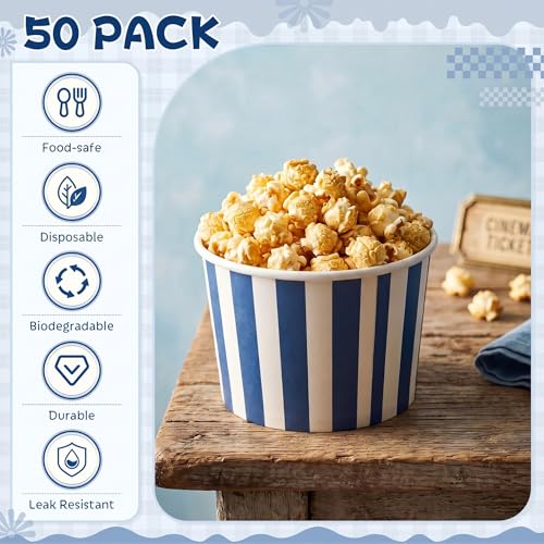 Image of Zopeal 50 Count Navy Blue Striped Ice Cream Cups Disposable Dessert Bowls