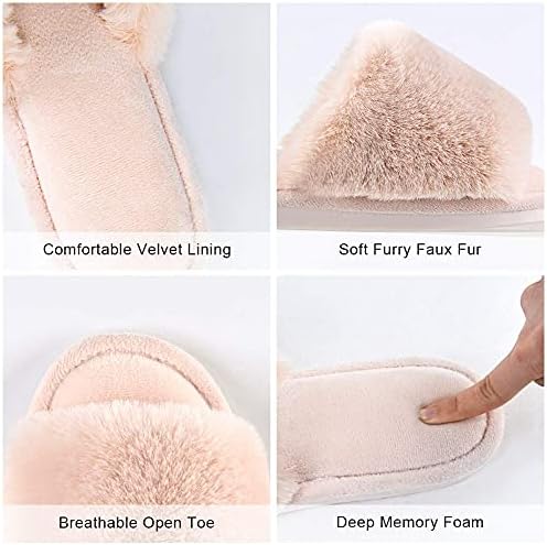 Parlovable Set of 2 Pairs-Women's Furry Slippers Cross Band (Cream) & Open Toe (Beige) Slippers Plush Fur Cozy Comfy House Bedroom Shoes Indoor, US Size 9-10 | Image 2