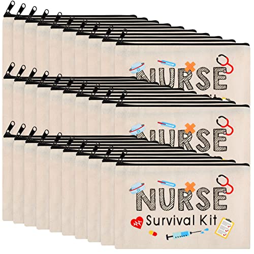 Kajaia 30 Pieces Nurse Makeup Bags Nurse Survival Kit Bag Nurse Gift for Women, Nurse Practitioner, Nursing Student, Nurses Week Gifts Funny Travel Cosmetic Bag Mini Multi Purpose Toiletry Bag(Beige)