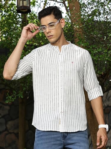 Image of Thomas Scott Men's Slim Fit Cotton Linen Casual Shirt with Mandarin Collar | Vertical Stripes | Three-Quarter Roll-Up Sleeves