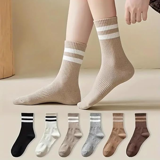 Women's Athletic Crew Socks, Striped Pattern, 6 Pairs, Neutral Colors - Image 2