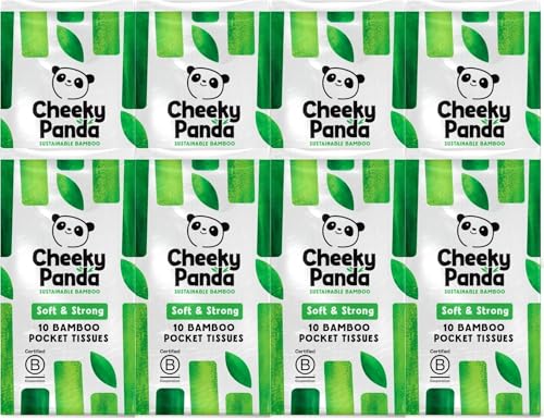 The Cheeky Panda Bamboo Pocket Tissues, 8 Pack of 10 Hypoallergenic Tissues, Ultra Soft, 3-Ply, White, Travel Size