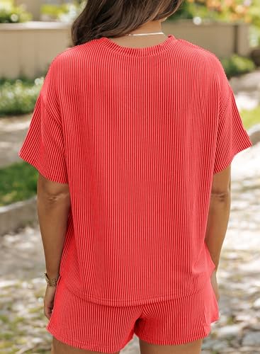 SHEWIN Two 2 Piece Sets for Women Short Sleeve Shirts High Waisted Shorts with Pockets Pajamas Lounge Matching Set2