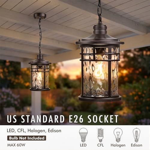 Image of Large Hanging Porch Light 12.4 Inch Dusk to Dawn Outdoor Pendant Light with Water Ripple Glass Waterproof Outdoor Hanging Lantern Light with Adjustable Chain E26 Socket