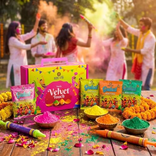 SATVIK Set of 5 - Purely Velvet Touch Holi Gulal Colors Gift Box | Natural & Eco-Friendly Color Powder | Skin-Friendly & Safe Holi Colors