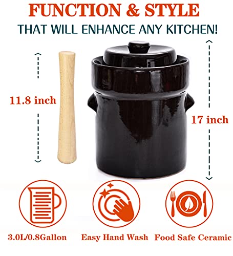Fermentation Crock Sauerkraut Jar Stoneware Pot Ceramic for Kimchi, Vegetables,Kombucha,Glazed Fermenter Pot with Stone Weights,Lid & Pickle Tamper,Sauerkraut Crock for Fermenting-Brown,1.5 Gallon
