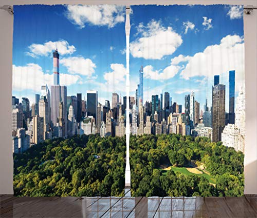 Ambesonne Nyc Curtains, Central Park View To Manhattan At Sunny Day Skyline With Clouds Crowded Cityscape Image, Living Room Bedroom Window Drapes 2 Panel Set, 108" X 90", Multicolor #TOP17