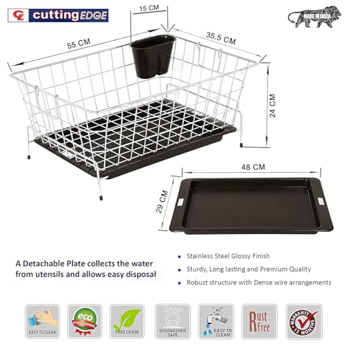 Image of Cutting EDGE Medium Stainless Steel Dish Drainer Basket with Holder Rust-Proof Kitchen Rack for Drying Plates Bowl Glasse Spoons & Utensils Space-Saving Stand for Sink Countertop (56 x 43.3 x 23 cm)