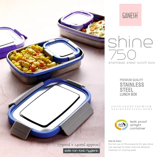 Image of Ganesh Shine Stainless Steel Airtight Leak-Proof Lunch Box for Office, School, Picnic - 750 ml - Blue