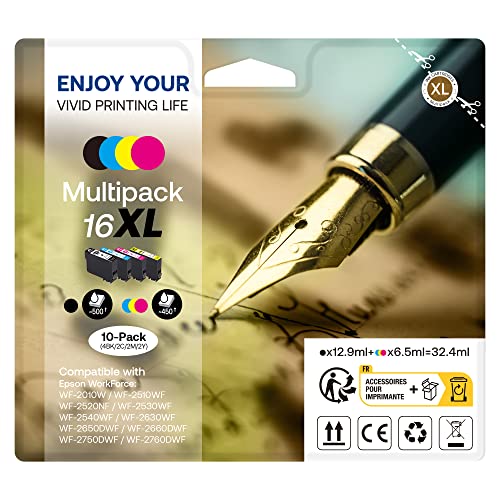 10er-Pack 16XL Druckerpatronen, als Ersatz für Epson 16 XL Kompatible für Workforce WF2010 WF2510 WF2520 WF2530 WF2540 WF2630 WF2650 WF2660 WF2750 WF2760 (4 Schwarz, 2 Cyan, 2 Gelb, 2 Magenta) Cover
