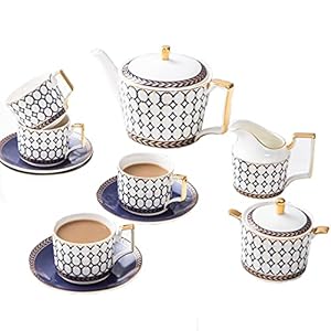 Porcelain Tea Set Tea Cup and Saucer Sets Coffee Cups Set Tea Service Tableware with Teapot Sugar Bowl, Cream Pitcher