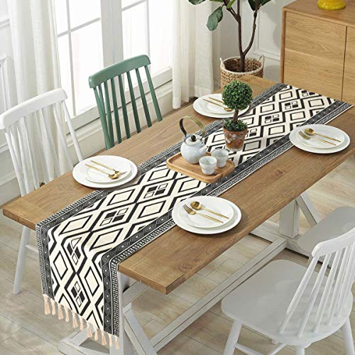 image for Yugarlibi Dark Grey Table Runner with Tassels, Geometric Wrinkle Resis