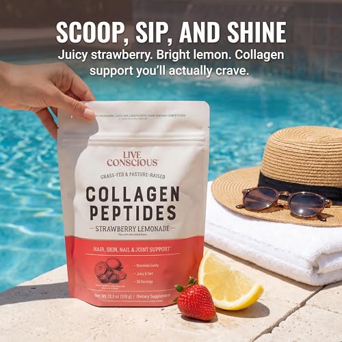 Image of Live Conscious Collagen Peptides Powder - Strawberry Lemonade - Type I & III for Hair, Skin, Nails & Joint Support - Hydrolyzed, Grass-Fed Bovine - Women & Men, 30 Servings - 12.8oz