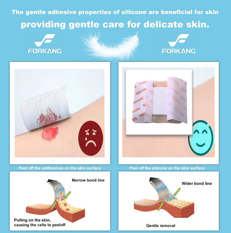 FORKANG Silicone Foam Dressing with Adhesive Border – Non Stick Pads for Wounds – Pack of 10 – 3 x 3 Inches Large Waterproof Bandages for Sensitive Skin-Wound Care & Dressings