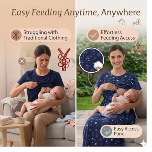 Image of Zero Clothing Feeding Dress for New Moms Casual Loungewear Ankle Length | Cotton Maternity Nighty | Zipless Feeding Dresses for Women | Pregnancy & Nursing Wear