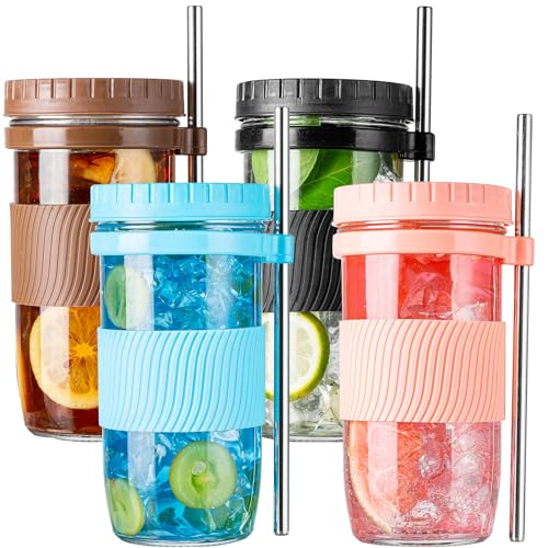 wookgreat 4 Pack Bubble Tea Cup, 24oz Iced Coffee Cups, Mason Jar with & Straws & 4 Airtight Lids, Reusable Wide Mouth Smoothie Boba Cup, Clean Brush, Glass Cups, Travel Drinking Bottle