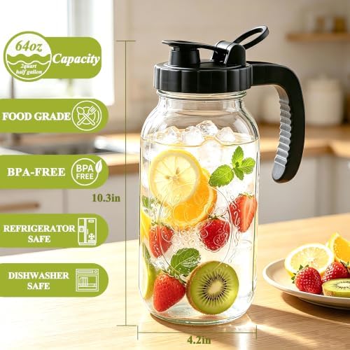 Glass Pitcher with Lid 64OZ Mason Jar Pitcher with Ergonomic Handle 2 Quart - 1
