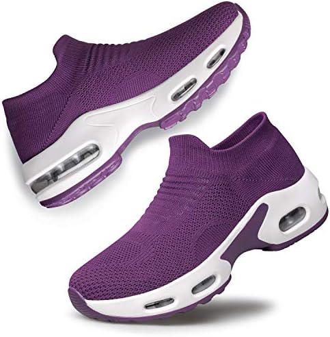 YHOON Women's Running Shoes Slip on Sock Sneakers Lady Girls Nurse Mesh Air Cushion Platform Loafers Fashion Casual Comfortable Dark Purple,7
